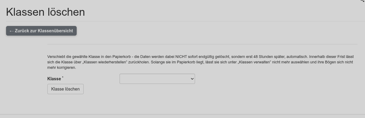 Screenshot: Klassen löschen mit Auswahl und Papierkorb
