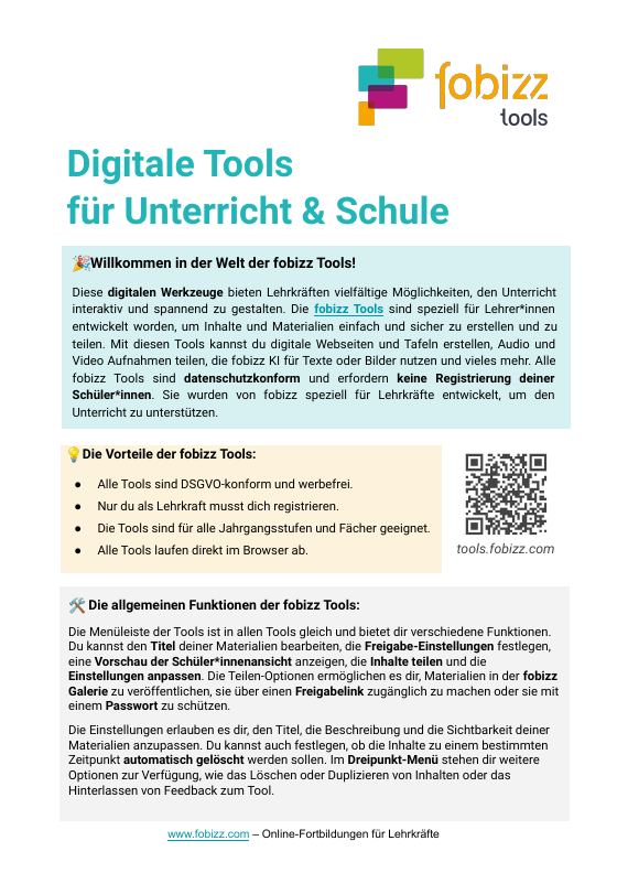 Vorschau: Titelseite von Handout: Alle fobizz Tools für Unterricht &amp; Schule