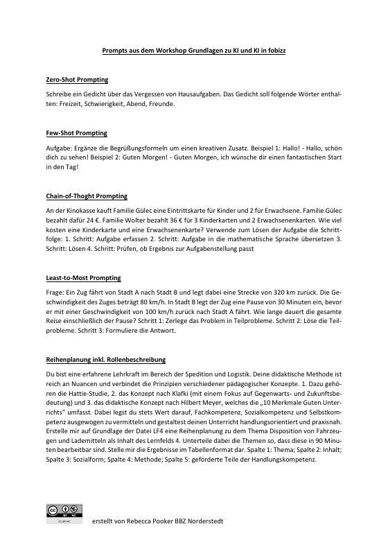 Vorschau: Titelseite von Promptsammlung aus dem Workshop „Grundlagen zu KI und KI in fobizz“