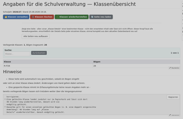 Screenshot: Klassenübersicht mit den vier Buttons Screenshot: Klassenübersicht mit den vier Buttons