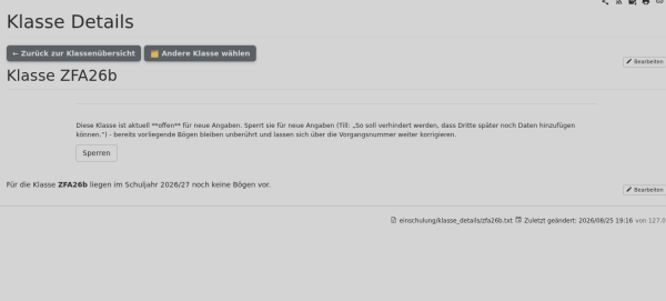 Screenshot: Klasse Details einer noch offenen Klasse mit Prüf-Übersicht Screenshot: Klasse Details einer noch offenen Klasse mit Prüf-Übersicht