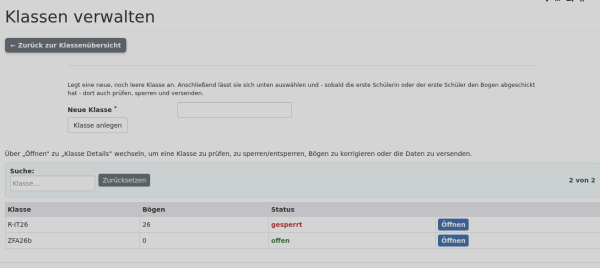 Screenshot: Klassen verwalten mit Anlegen-Formular und Klassenliste Screenshot: Klassen verwalten mit Anlegen-Formular und Klassenliste